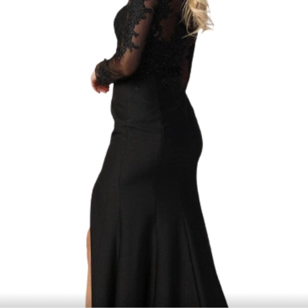 Black Long Sleeve Gown with Slit for Wedding Guest. May Queen RQ7913 size 20